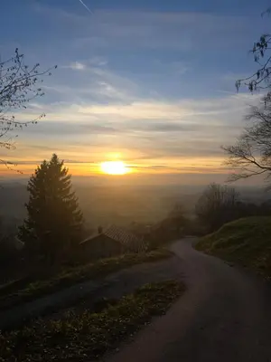 a dirt road with the sunset in the background at Vacation House Donacka Gora in Rogatec
