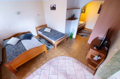 an overhead view of a living room with two beds at APARTMA JAKOPIČ in Zgornje Gorje