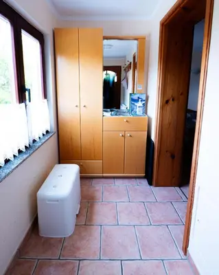 a bathroom with a toilet and a cabinet at APARTMA JAKOPIČ in Zgornje Gorje