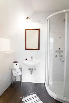 a white bathroom with a sink and a shower at Ana Antloga Apartments in Bled