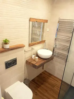 a bathroom with a sink and a toilet and a mirror at Wine cellar room in Vipava