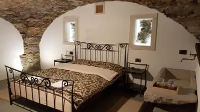 a bedroom with a bed in a stone wall at Wine cellar room in Vipava