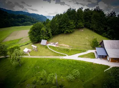 an aerial view of a house on a green field at PUŽMAN Farm Glamping in Radovljica