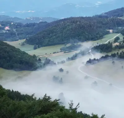 a view of a foggy valley with trees and a river at Kopiše in Zoll
