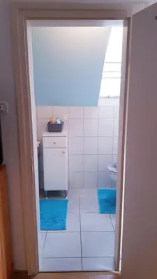 a bathroom with a sink and a toilet with blue mats at APARTMA SVETINA in Bled