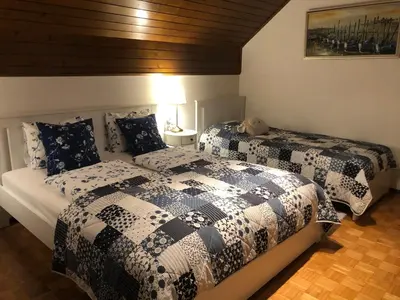 a bedroom with two beds with blue and white comforter at SavaDolinka House ID 116O7O in Mojstrana