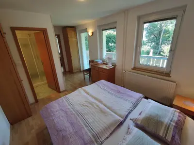 a bedroom with a bed and a desk and a window at Lake House Sebanc in Bled