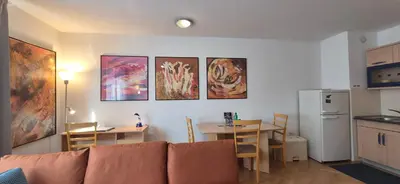 a living room with a couch and a kitchen with a table at Apartment Irena Tour As Ljubljana in Ljubljana