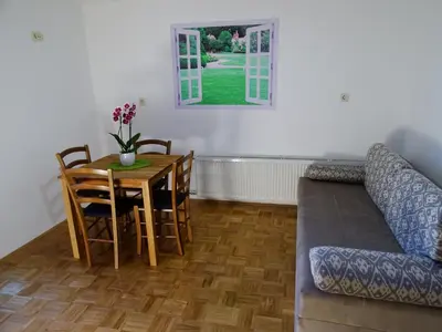 a living room with a table and a couch at Apartments Laura FARM STAY in Podčetrtek