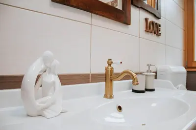 a bathroom sink with a white swan statue on it at Apartment Kapitan with climbing wall in Kobarid