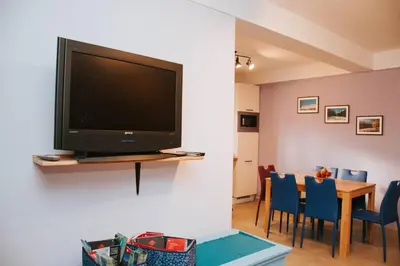 a living room with a large television on a wall at Apartment Kapitan with climbing wall in Kobarid