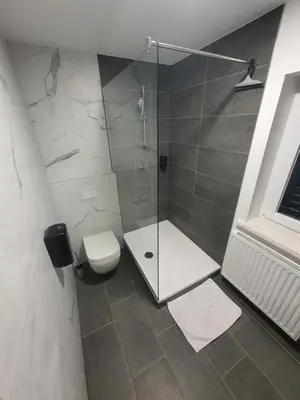 a bathroom with a shower and a toilet at Apartment Šelih in Maribor