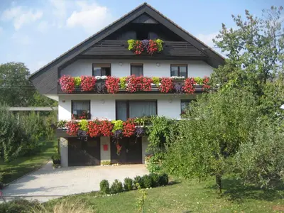 a house with flower boxes on the front of it at Apartma Unica in Bled
