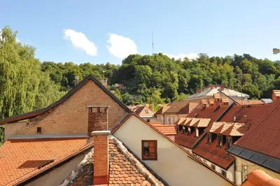 a view of a town with roofs and trees at Spacious 2-bedroom apartment Zabjak with AC Tour As Ljubljana in Ljubljana