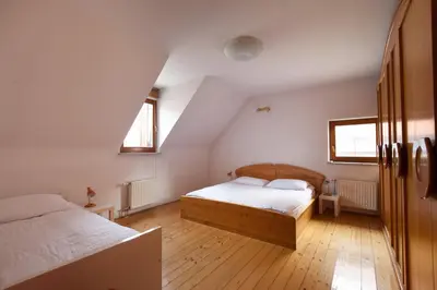a bedroom with two beds and two windows at Spacious 2-bedroom apartment Zabjak with AC Tour As Ljubljana in Ljubljana