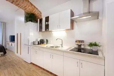a kitchen with white cabinets and a sink at Apartments Tivoli in Ljubljana
