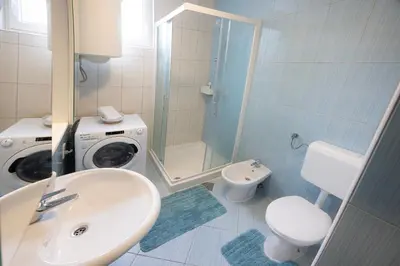 a bathroom with a sink and a washing machine at Grom Ribno Apartments in Bled