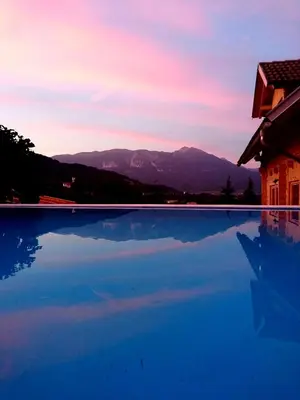 a swimming pool with a view of the mountains at Planika Holiday Home in Bled