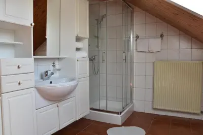 a bathroom with a sink and a shower at Planika Holiday Home in Bled