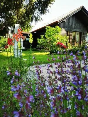 a garden with flowers in front of a house at MERIKOTKA - a cozy wooden cottage, sLOVEnia in Braslovče