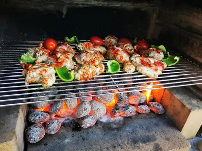 a bunch of meat and vegetables on a grill at MERIKOTKA - a cozy wooden cottage, sLOVEnia in Braslovče