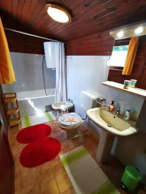 a bathroom with a toilet and a sink and a tub at MERIKOTKA - a cozy wooden cottage, sLOVEnia in Braslovče