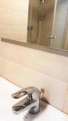 a bathroom sink with a faucet and a mirror at Apartments and Rooms Banić in Kranjska Gora