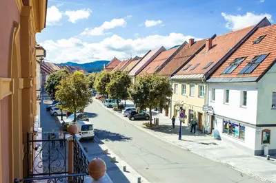 a view of a street in a town with buildings at Hotel Vila Pohorje in Slovenj Gradec