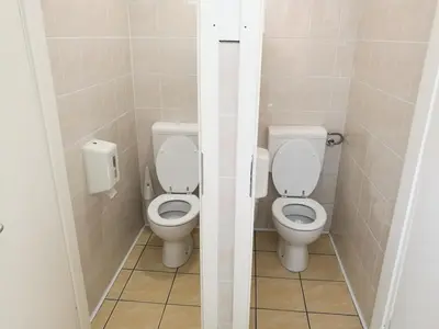 two toilets in a bathroom with two at Počitniška hiša Ostrnica in Hrib-Loški Potok