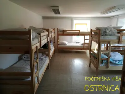 a room with a bunch of bunk beds at Počitniška hiša Ostrnica in Hrib-Loški Potok