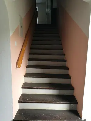 a stairway with black and white stairs at Počitniška hiša Ostrnica in Hrib-Loški Potok