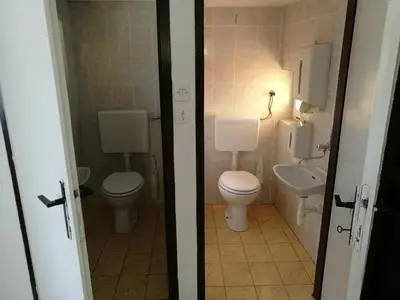 a bathroom with two toilets and a sink at Počitniška hiša Ostrnica in Hrib-Loški Potok