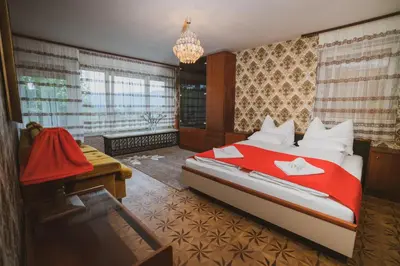 a bedroom with a bed and a desk and a window at Apartmaji Retro in Spodnje Gorje