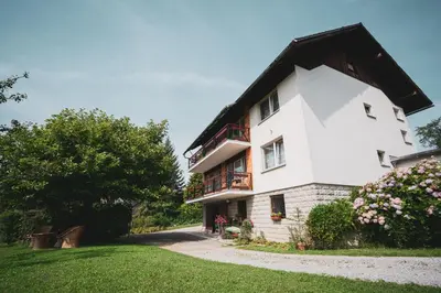 a large white house with a black roof at Apartmaji Retro in Spodnje Gorje