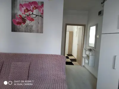 a living room with a couch and a painting on the wall at Apartma JERMAN - Cerknica in Cerknica