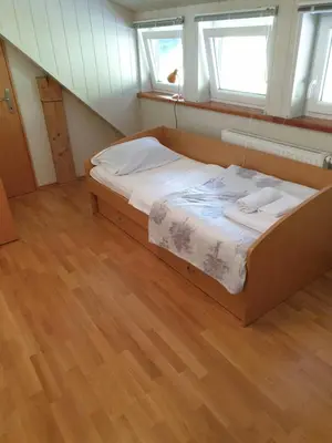 a bedroom with a bed in a room with windows at Apartman Irvin in Kranjska Gora