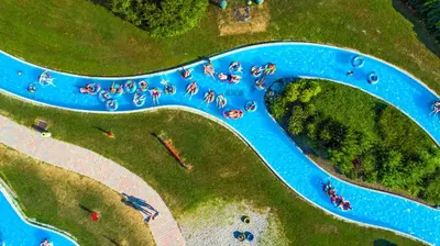 an aerial view of a river with boats in it at Pirate Bay - Terme Čatež in Čatež ob Savi