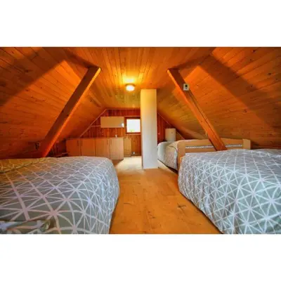 a bedroom with two beds in a attic at Počitniška hiša Jeklar in Bohinj