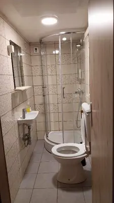 a bathroom with a toilet and a shower and a sink at Počitniška hiša Jeklar in Bohinj