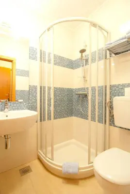 a bathroom with a shower and a toilet and a sink at Kraljič - Primož Čotar in Dornberk
