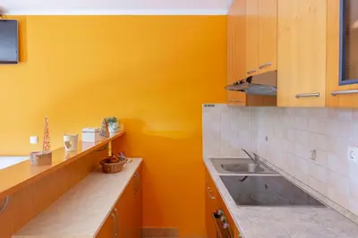 a kitchen with a sink and a yellow wall at Koča na Krvavcu in Cerklje na Gorenjskem