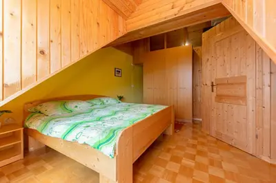 a bed in a room with wooden walls at Koča na Krvavcu in Cerklje na Gorenjskem