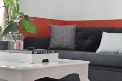 a living room with a grey couch and a white coffee table at Vitez Apartment II in Ljubljana