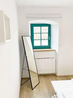 a mirror in a room with a window at Lagom Home Vipavski Križ in Ajdovščina