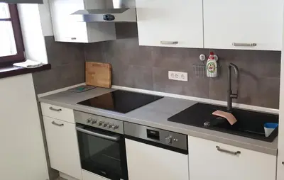 a kitchen with a sink and a stove top oven at APARTMAJI VITEZ apartma 1 in Bovec