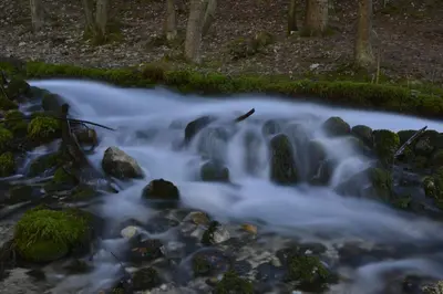 a stream of water rushing over rocks in a forest at Wooden Cottage in Jesenice