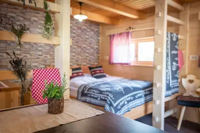 a bedroom with a bed and a table in a room at Camping Danica Cottage Stan in Bohinj