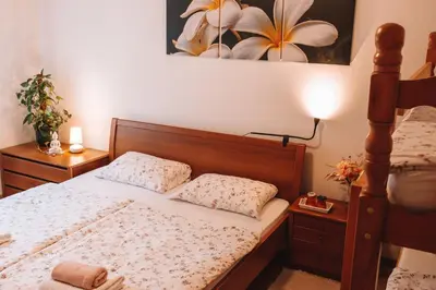 a bedroom with a bed with two pillows and a lamp at Apartment with Atrium Anabela in Tolmin