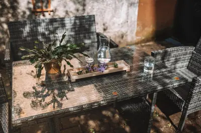 a wooden table with glasses and a plant on it at Apartment with Atrium Anabela in Tolmin