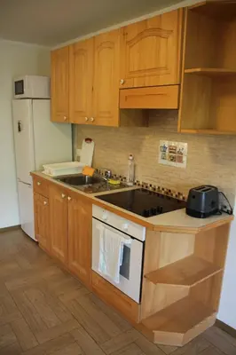 a kitchen with wooden cabinets and a sink and a refrigerator at Rock&Lodge in Bohinj